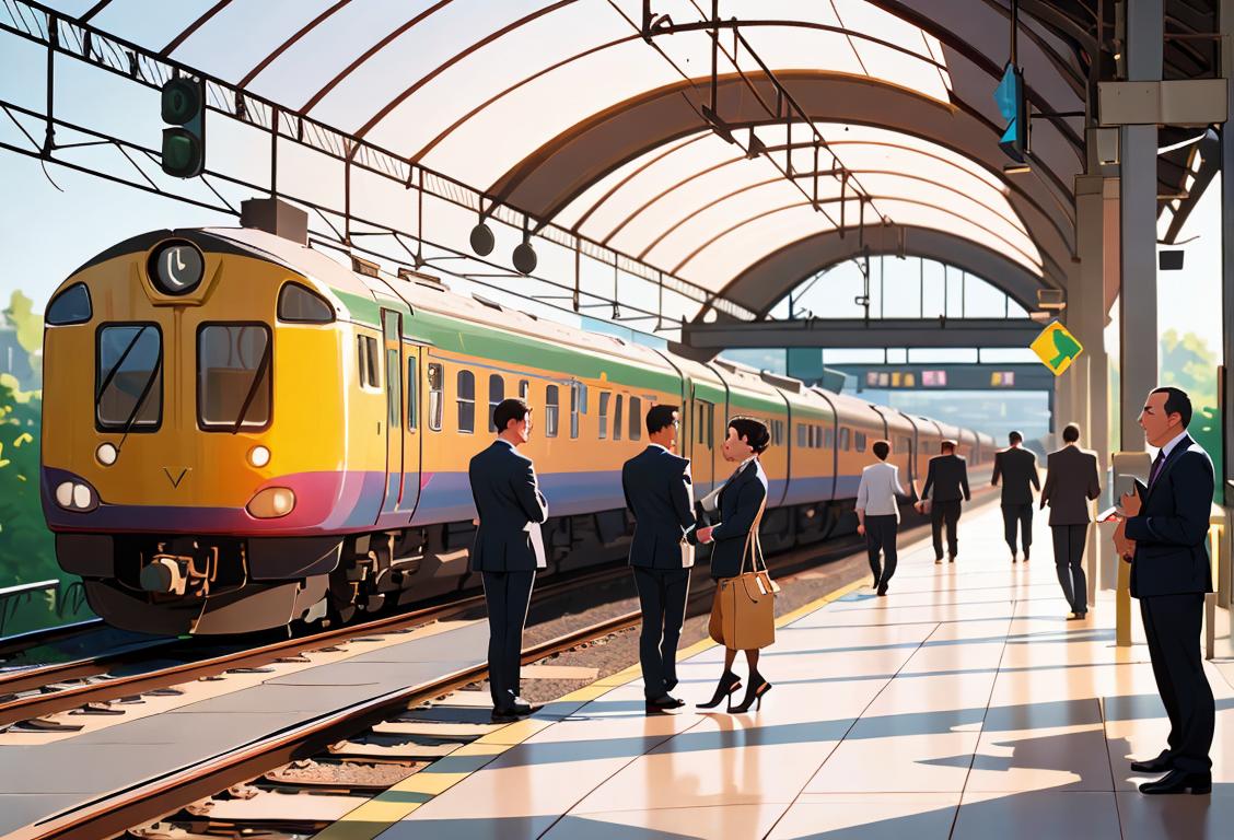 A diverse group of people, some in business attire, others in casual clothing, standing in a train station, showcasing the importance of railways in different aspects of life..