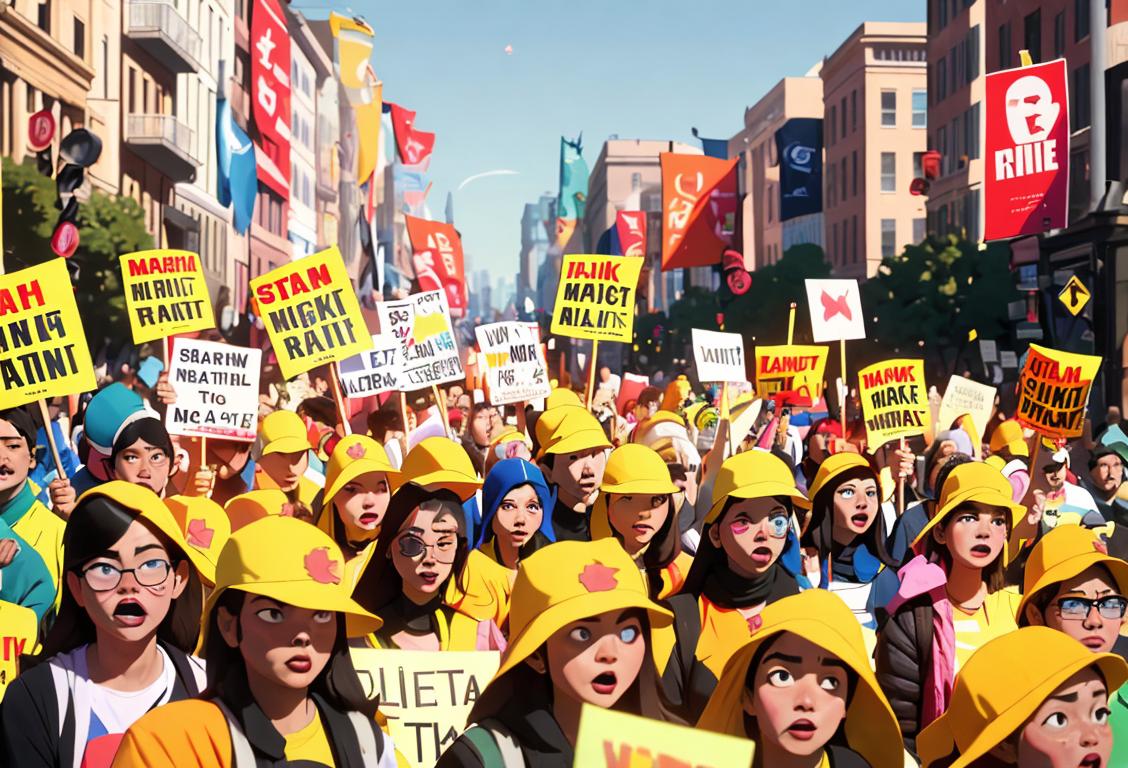 A group of people wearing colorful protest signs, representing diverse causes, marching together in a bustling city street..