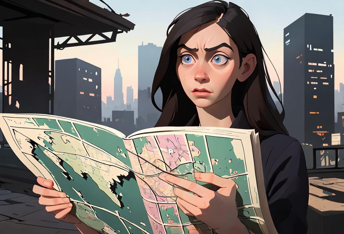 Young woman wearing a puzzled expression, holding a torn map, urban cityscape with a surreal twist..
