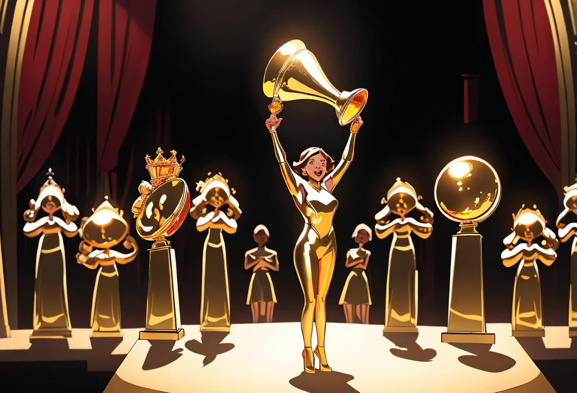 A diverse group of individuals, dressed in formal attire, holding golden trophies, on a grand stage surrounded by flashing lights and cheering audience..