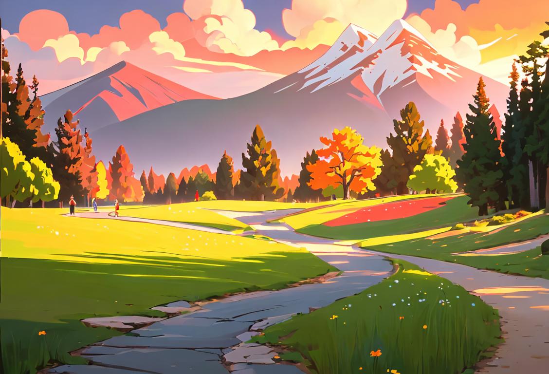 Sunset over a pristine National Park, with tourists hiking in colorful outdoor attire, capturing the natural beauty..