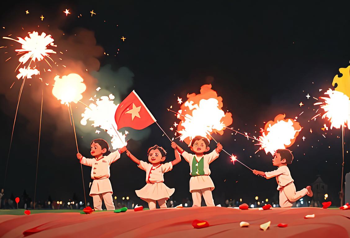 National Tricolour burnt on Republic Day: A group of joyful children wearing patriotic outfits, holding sparklers, against a backdrop of a beautifully decorated flag memorial..