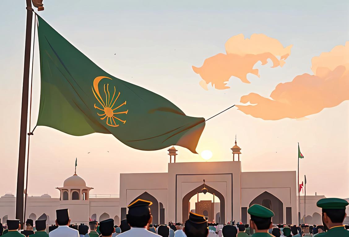 National flag being hoisted at dawn on public and governmental buildings. People wearing traditional Pakistani clothing, diverse crowd, sun rising in the background..
