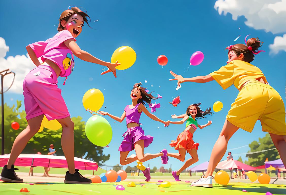 Cheerful group of friends having a water balloon fight in a colorful, outdoor park, dressed in fun summer outfits and throwing caution to the wind!.