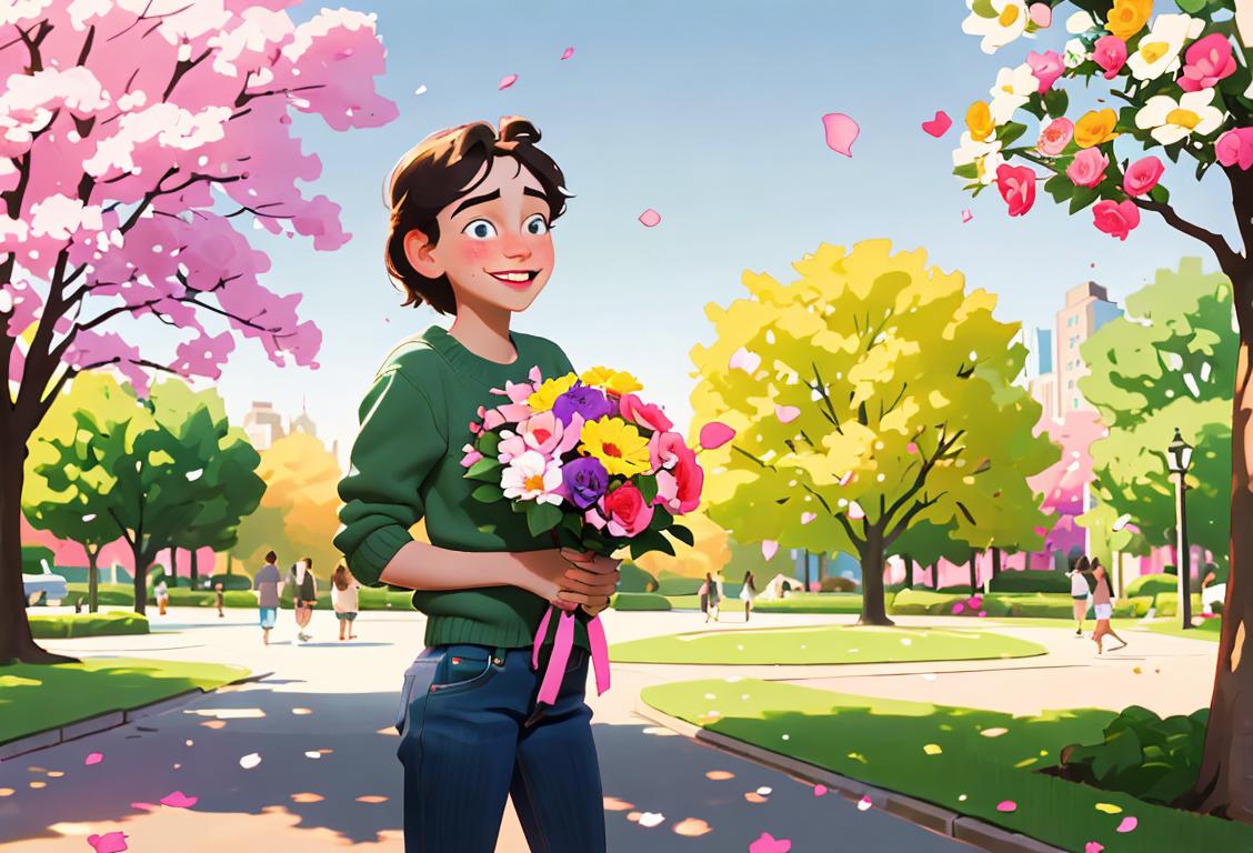 Young person wearing mismatched socks, holding a bouquet of flowers, in a bustling city park scene with a big smile..