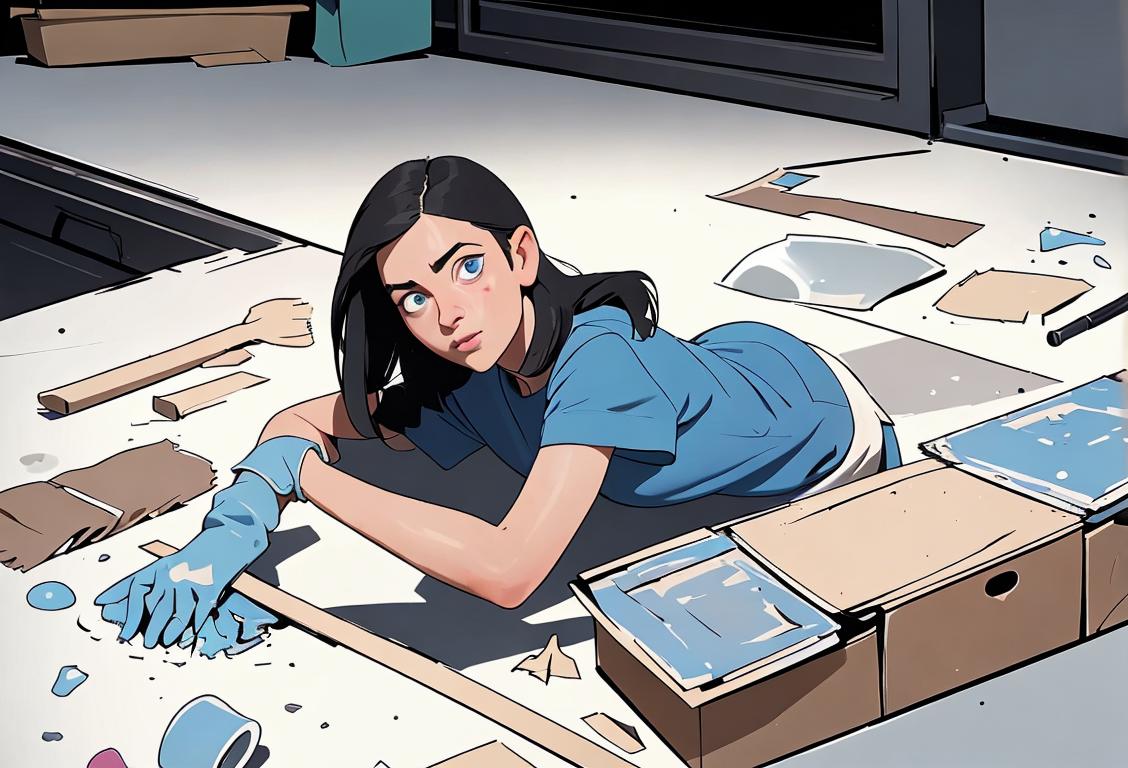 A person in clean clothes, wearing gloves, holding a mop, with a pristine background of an organized and clutter-free space..