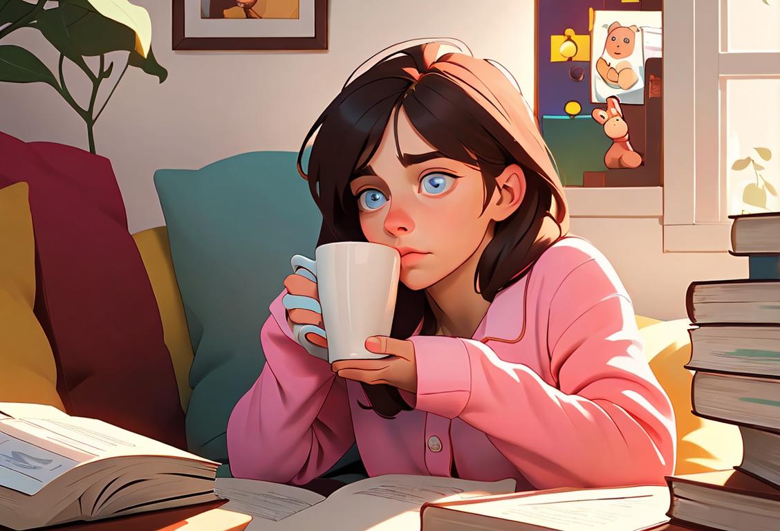 A cozy nook with a person engrossed in a book, surrounded by a stack of colorful novels, wearing comfy pajamas, with a cup of hot cocoa nearby..