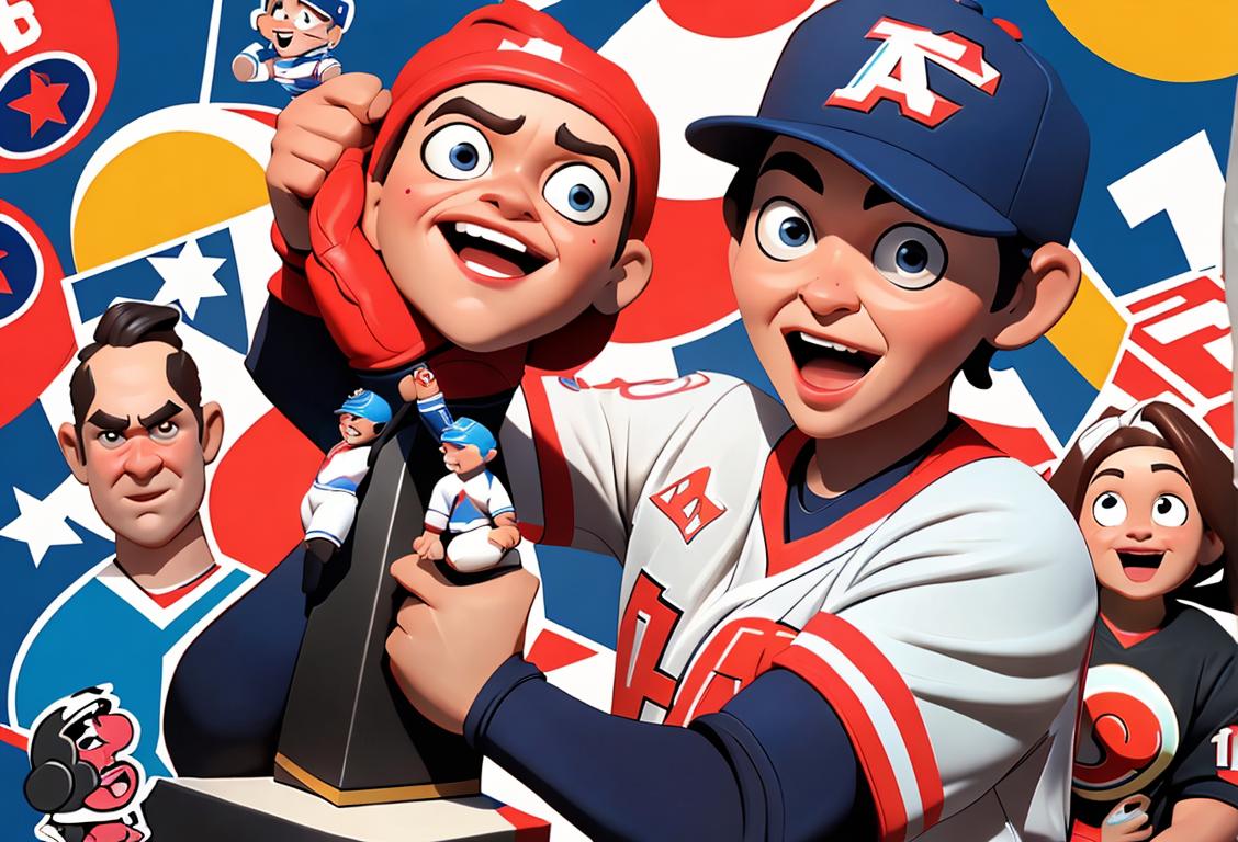 A person excitedly holding a bobblehead of their favorite sports team, wearing a jersey and surrounded by team memorabilia..