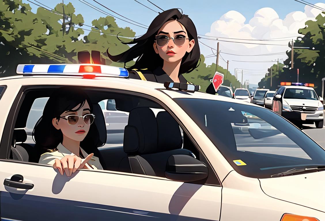 Young woman driving a car, wearing sunglasses and a seatbelt, with a background of traffic enforcement officers and police vehicles..