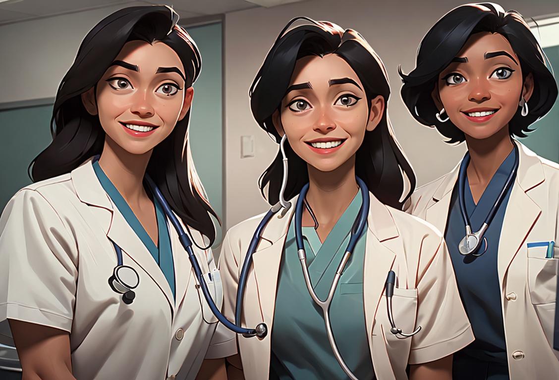 A diverse group of medical assistants wearing scrubs, stethoscopes around their necks, and smiling with a hospital setting in the background..