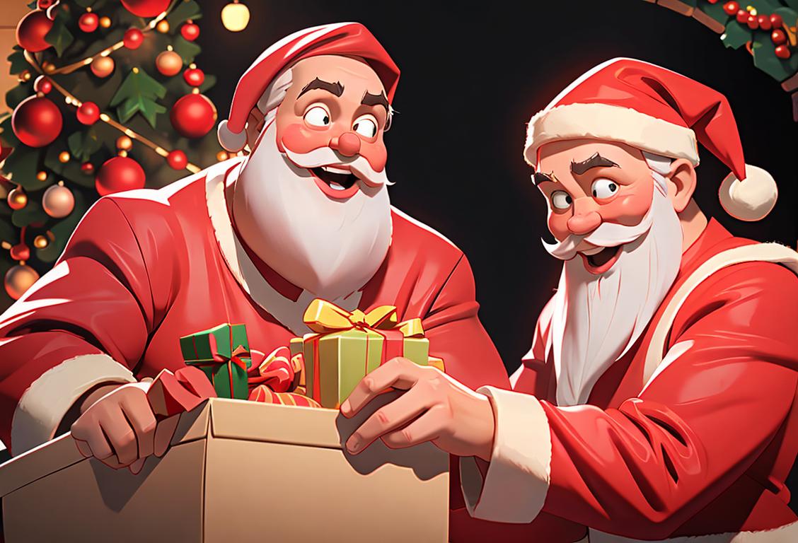 Santa Claus with a hearty laugh, wearing his famous red suit, surrounded by children's joy and holiday decorations..