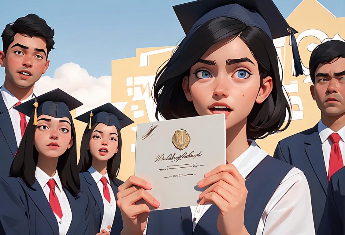 Young woman with a graduation cap, holding a diploma, in front of a diverse group of cheering people..
