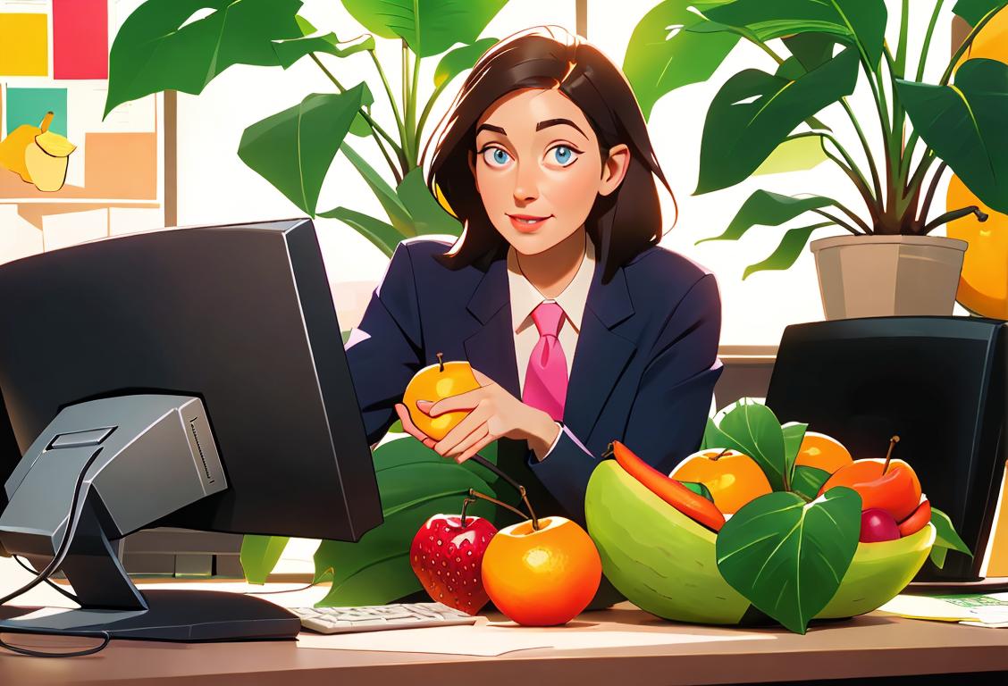 Happy office worker surrounded by a colorful fruit basket, wearing a business casual attire, modern office setting with computer and plants..