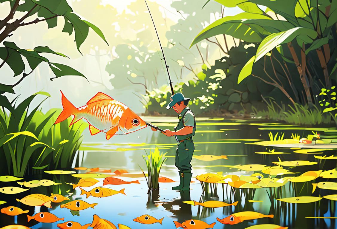 A fish farmer in fishing gear, standing by a pond or tank, wearing rubber boots, surrounded by lush greenery..