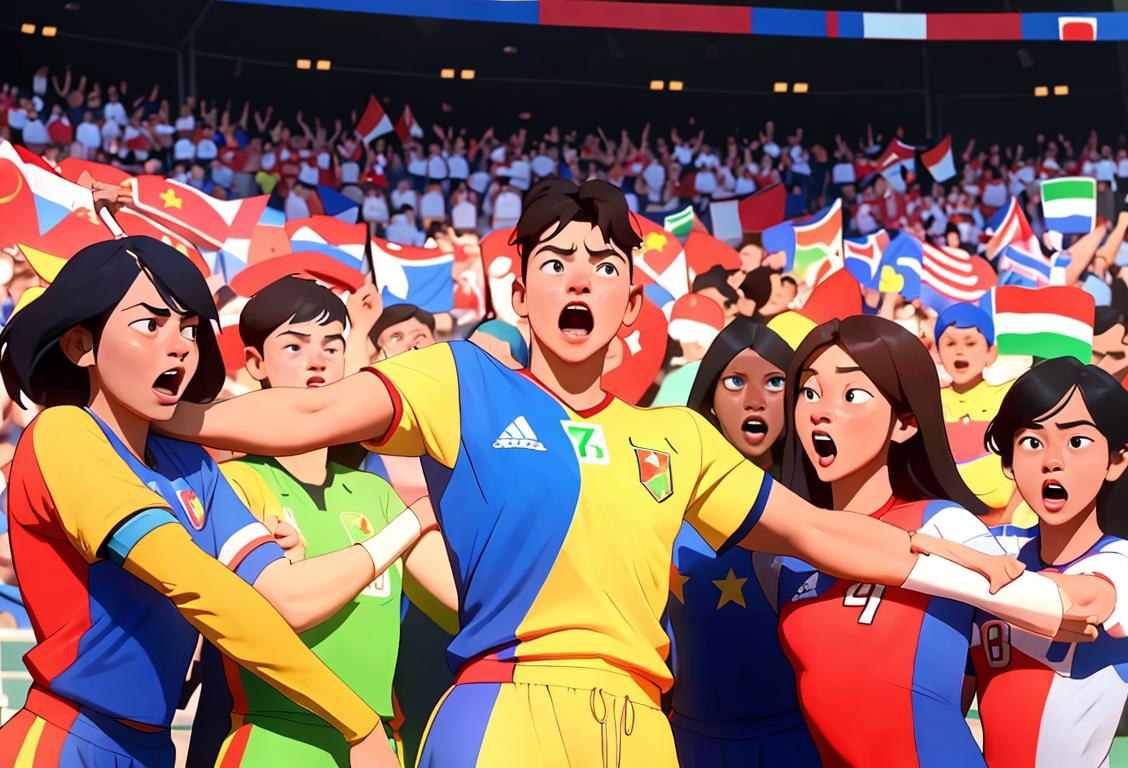 Group of diverse individuals wearing national team jerseys, cheering passionately in a packed stadium, surrounded by national flags and excitement..