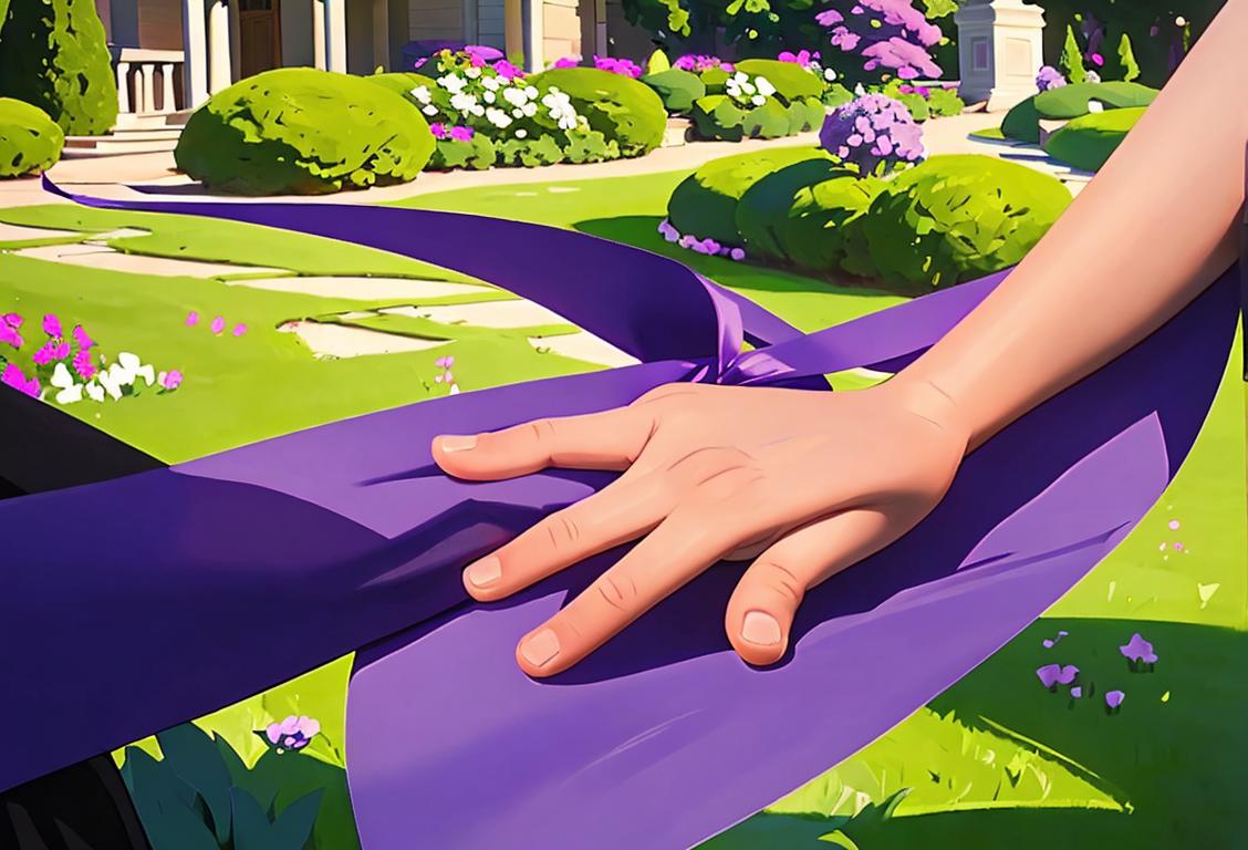 Caring hands holding a purple ribbon, symbolizing support for survivors, with a peaceful garden setting in the background..