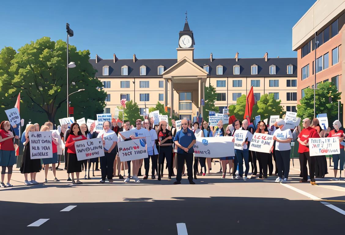 A diverse group of people wearing NHS t-shirts and holding banners at a peaceful demonstration, a hospital building in the background..