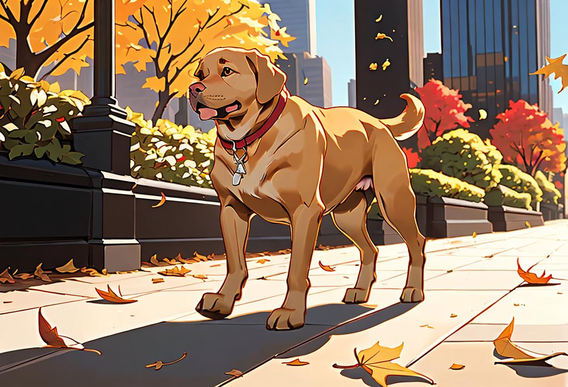 A blind individual with a golden Labrador retriever, walking in a bustling city, with skyscrapers in the background and autumn leaves falling..