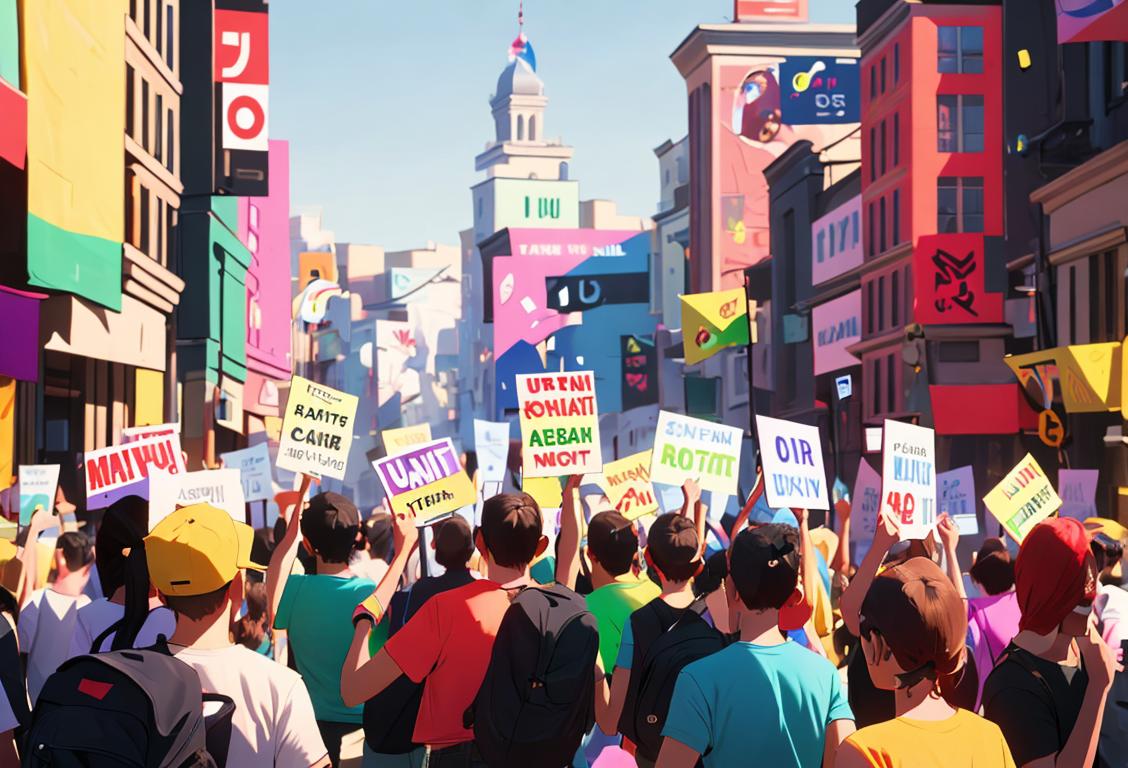 A diverse group of people holding colorful signs with poll data, wearing campaign t-shirts, urban cityscape in the background..