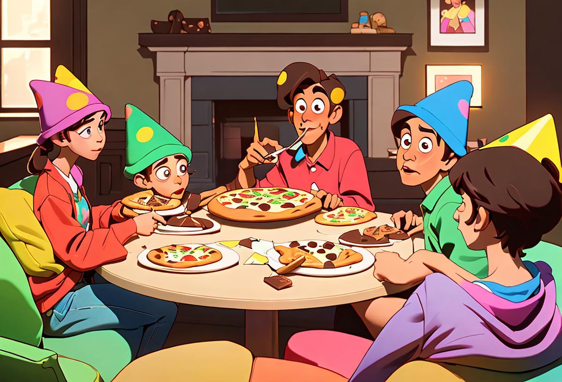 Group of friends having a pizza party, enjoying freshly baked chocolate chip cookies, wearing colorful party hats and casual attire, in a cozy living room..