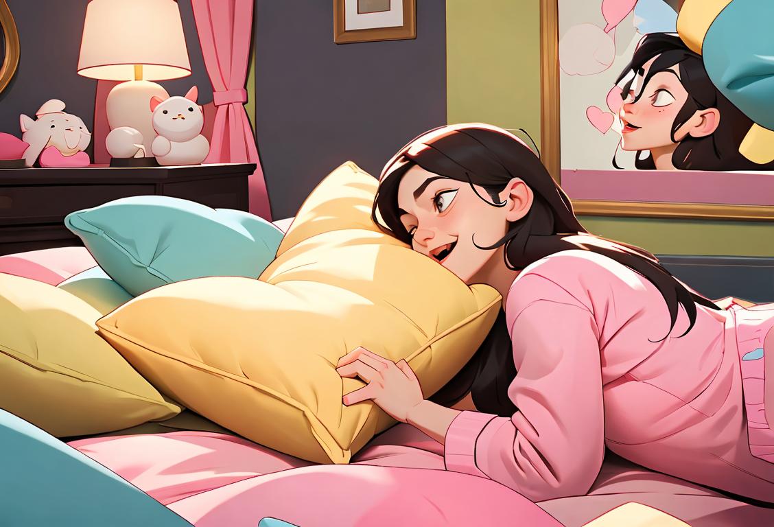 Two adults joyfully engaged in a pillow fight, wearing comfortable pajamas, surrounded by colorful pillows, in a cozy living room..