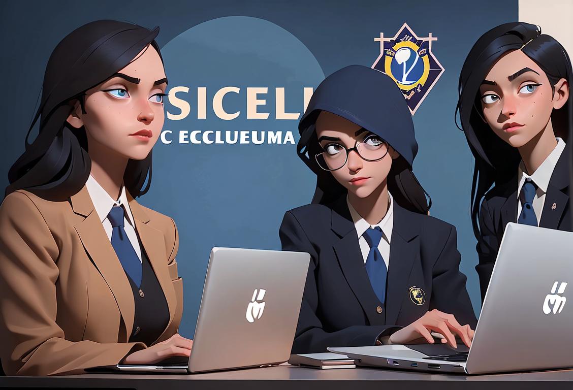 A group of diverse students dressed in professional attire, with laptops and cybersecurity logo, on the campus of Excelsior College..