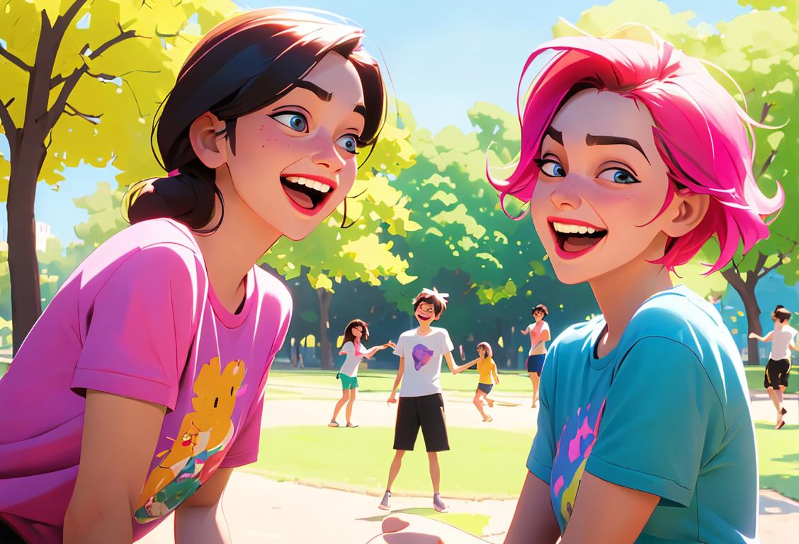 Best friends laughing and playfully pulling pranks on each other in a park, wearing colorful t-shirts, energetic and sunny outdoor setting..