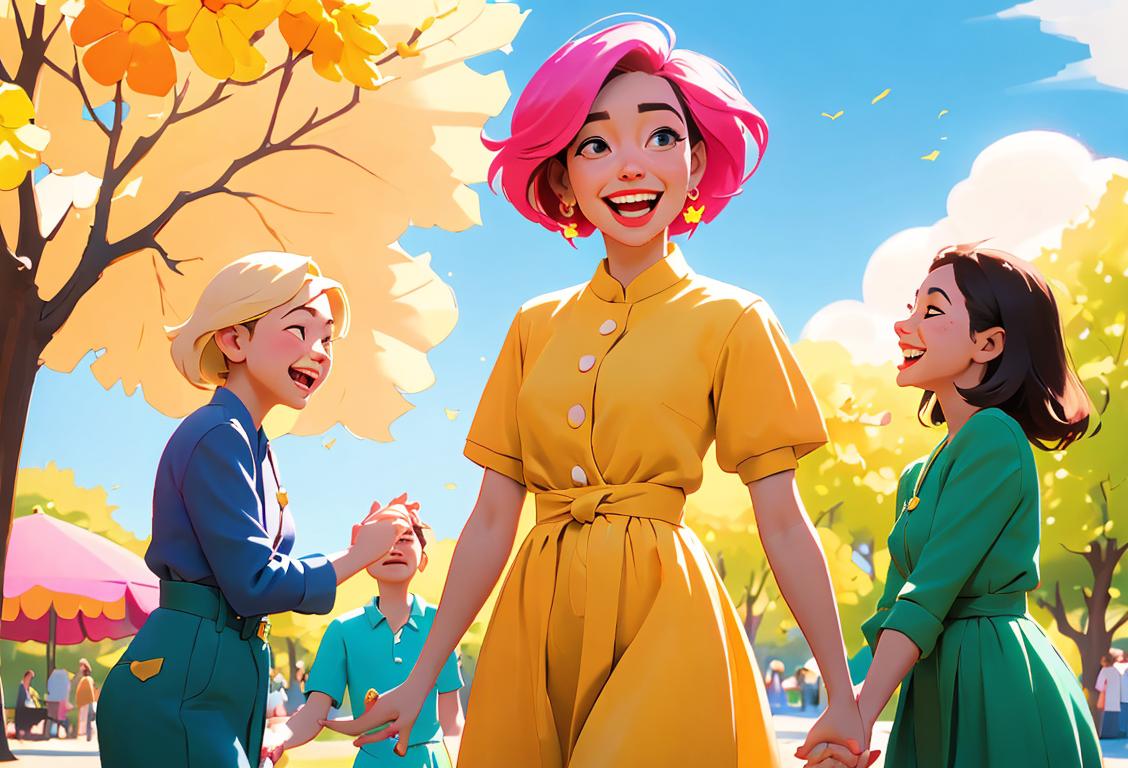 A group of diverse friends, laughing and holding hands, wearing colorful clothes, standing in a sunny park..