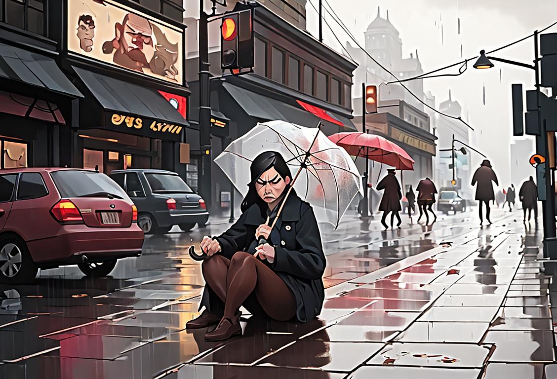 A person wearing a grumpy face while surrounded by rainy weather, a broken umbrella, and spilled coffee on a gloomy city street..