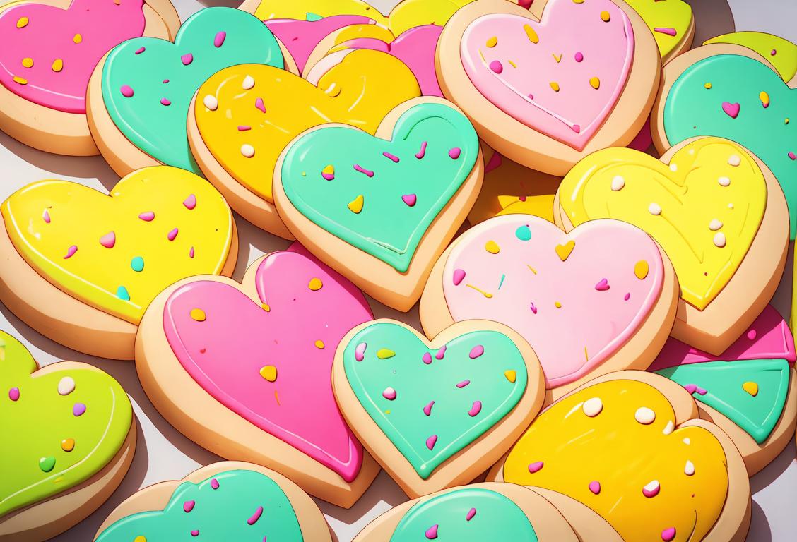 A cheerful young baker in a cozy kitchen, surrounded by a variety of beautifully decorated sugar cookies in vibrant colors and designs..