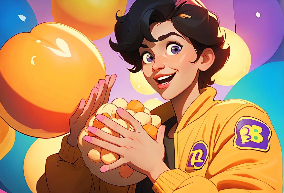 A joyful person holding a bag of cheez balls, wearing a retro jean jacket and surrounded by colorful, fun-filled party decorations..