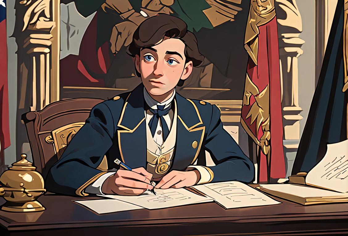 Young man in historical clothing, holding a quill pen, sitting in front of a grand historic building, surrounded by flags and banners..