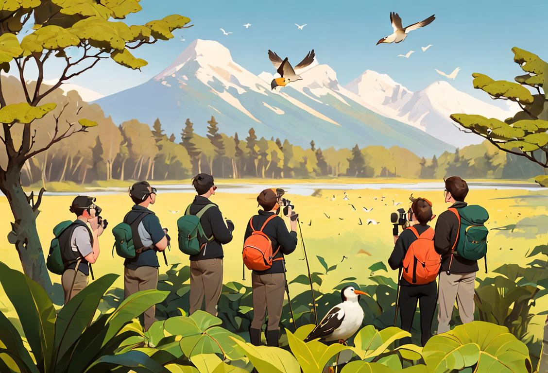 Group of bird-watchers in nature park, wearing binoculars and hiking gear, surrounded by diverse bird species..