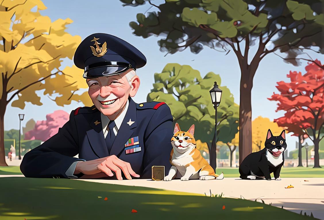 Smiling veteran in uniform, surrounded by diverse pets, outdoors in a park, displaying bond and gratitude..