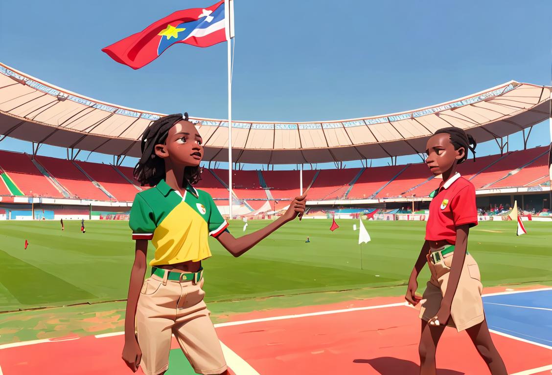 Young people in colorful patriotic attire, holding flags outside the national stadium, festive atmosphere, vibrant celebrations..