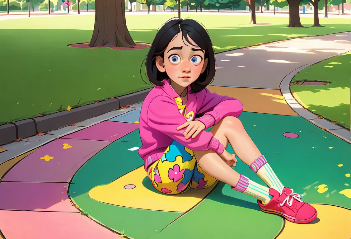 Young person proudly wearing mismatched socks, with colorful patterns and different lengths, in a playful park setting..