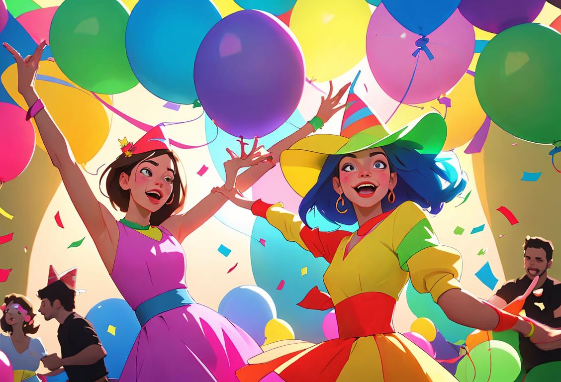 Young adults wearing colorful party hats, dancing energetically in a vibrant room filled with confetti and balloons..