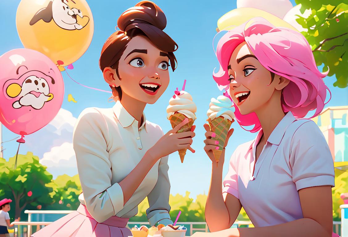 Happy people outdoors enjoying soft serve ice cream in a sunny park, wearing colorful summer outfits, surrounded by balloons and laughter..