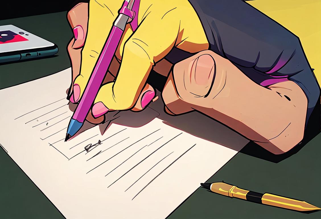 Happy left-handed person holding a left-handed pen, wearing a colorful wristband, surrounded by left-handed tools and gadgets..