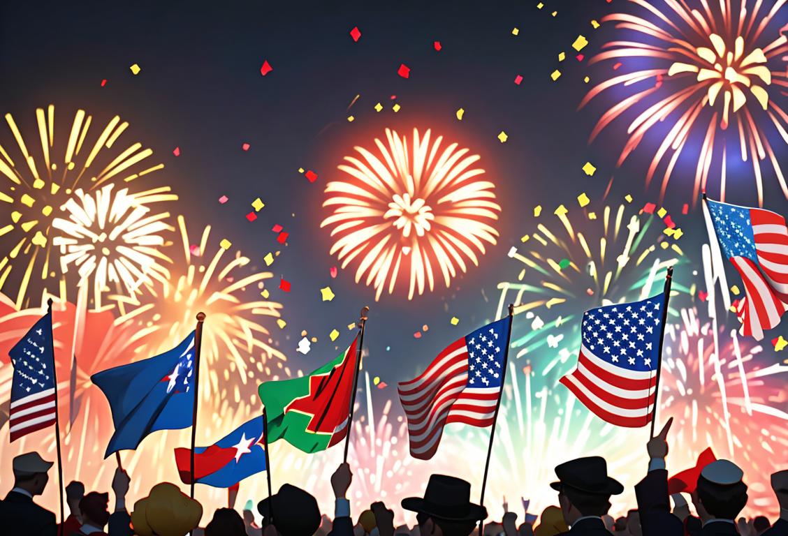 Group of diverse people waving flags, dressed in patriotic colors, celebrating with fireworks in a city park..
