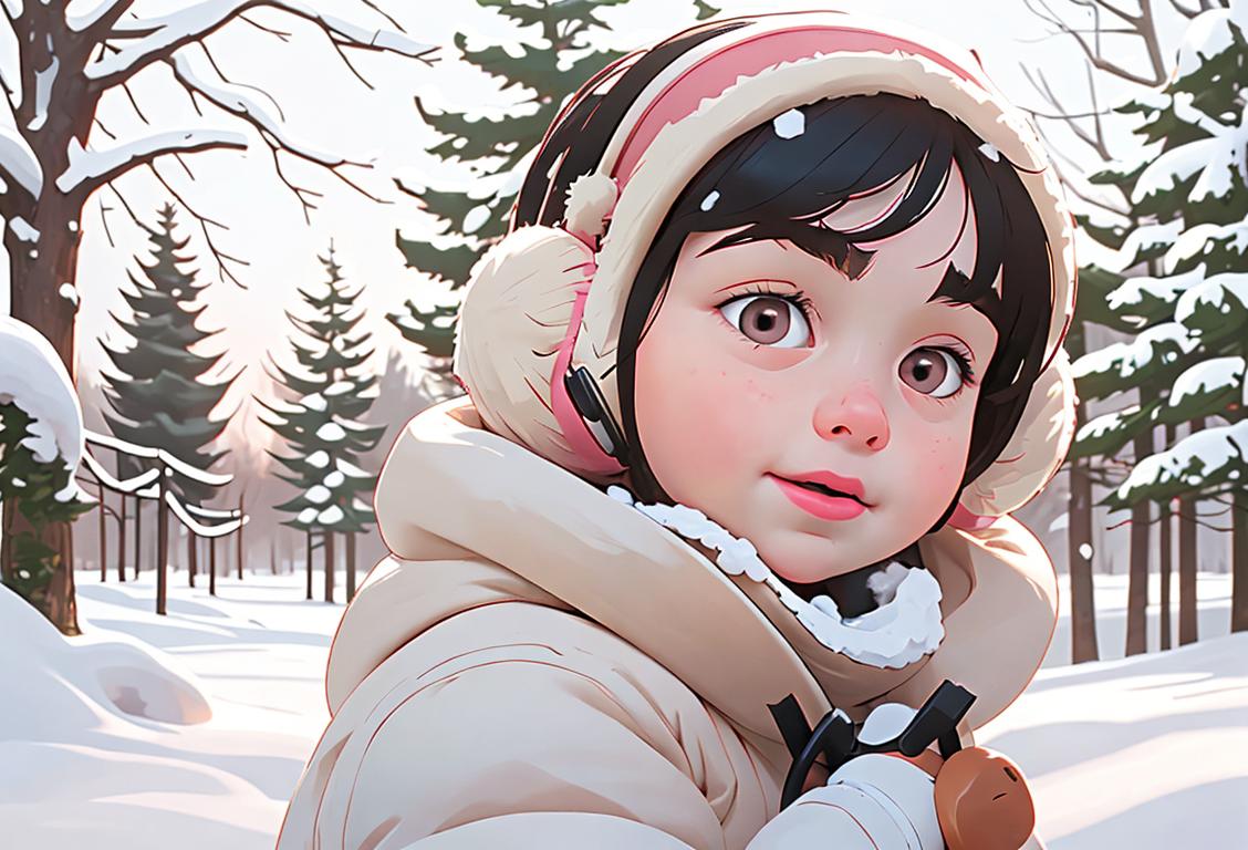 Young child with rosy cheeks, wearing earmuffs, enjoying a snowy winter wonderland, surrounded by snow-covered trees..