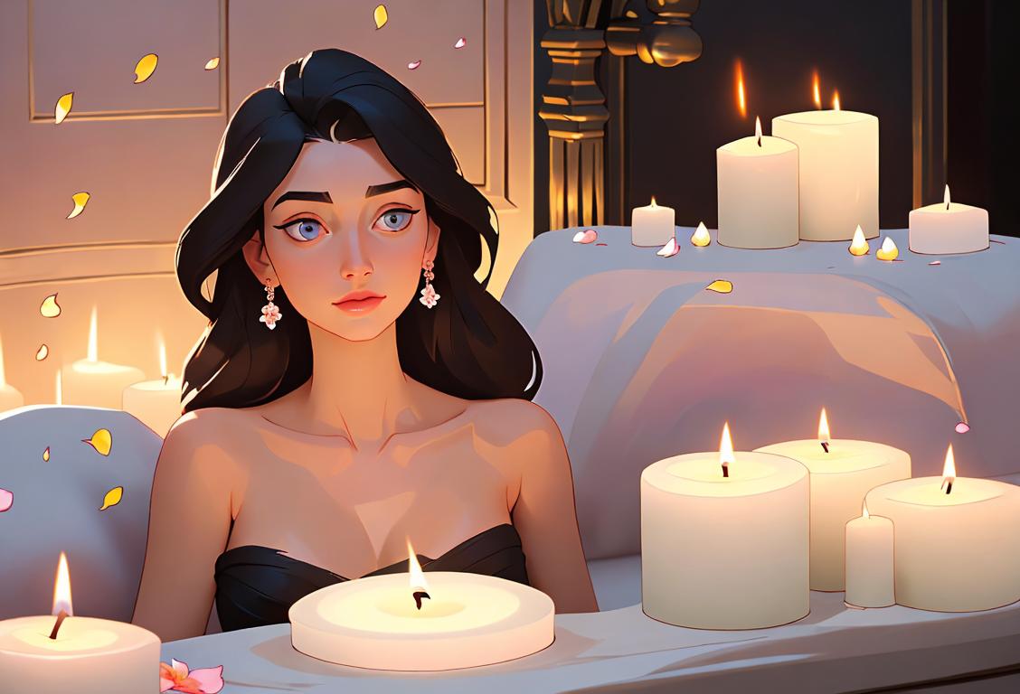 Young woman being pampered at a luxurious spa, wearing a fluffy robe, surrounded by scented candles and flower petals..