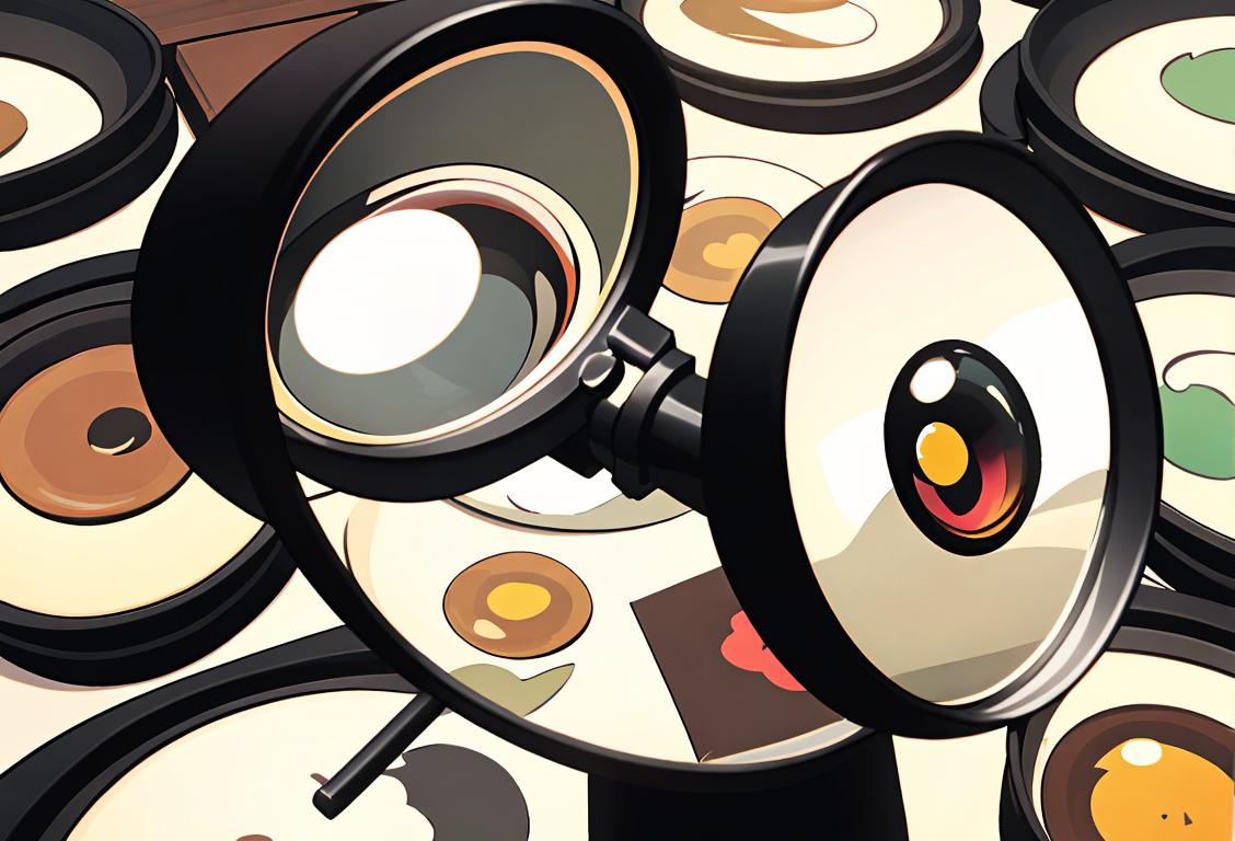 Cheerful research administrator in professional attire, holding a magnifying glass, surrounded by files and a bustling office scene..