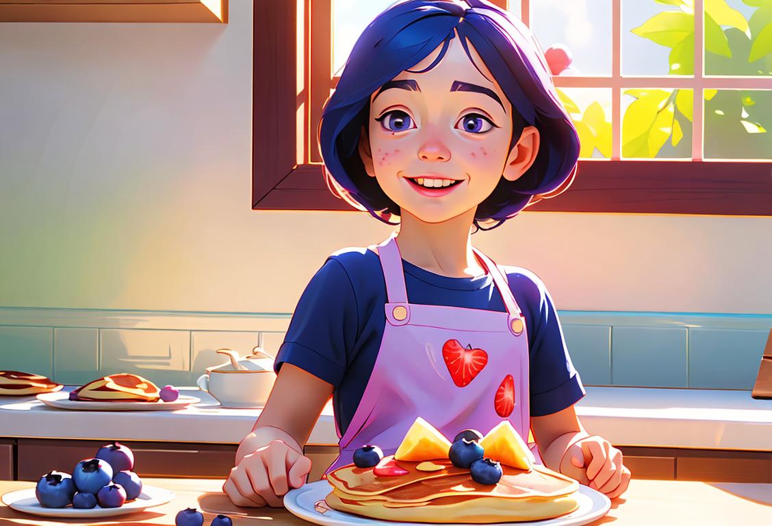 Cheerful child flipping a blueberry pancake, wearing a colorful apron, sunny kitchen morning with fresh berries..
