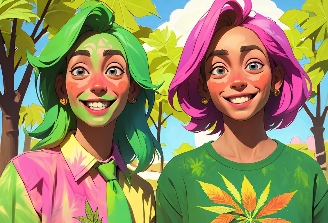 Happy, smiling people in a park, wearing tie-dye shirts, surrounded by colorful marijuana-themed artwork..