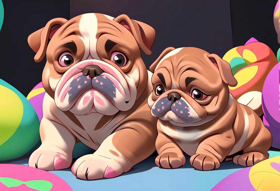 Adorable, wrinkly-faced bulldog pup, snuggled on a fluffy blanket, surrounded by colorful toys and a playful doggie bandana..