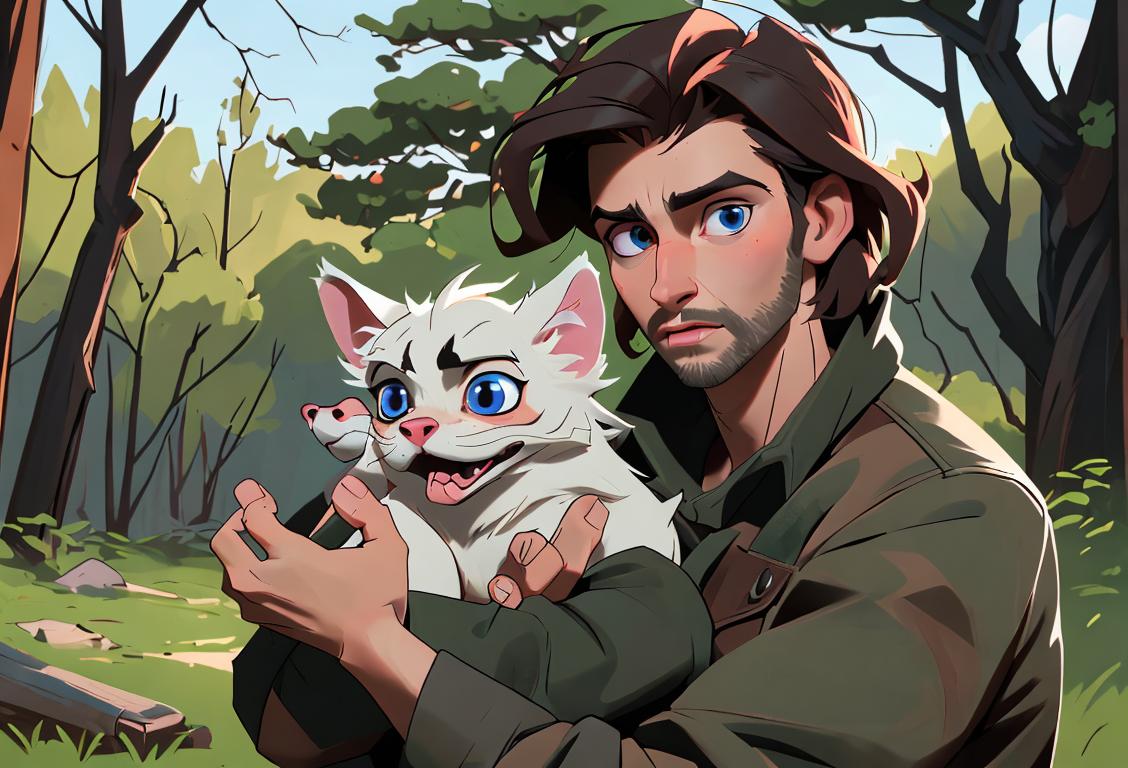 Young man with tousled hair, wearing rugged outdoor clothing, surrounded by nature, possibly holding a rescued animal to show compassion on National Feral Day..