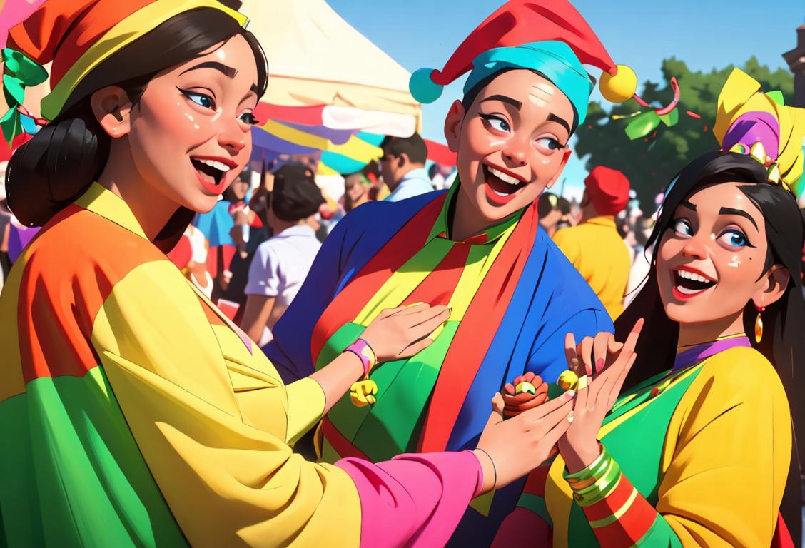 Happy National these day! A diverse group of people, wearing colorful costumes, celebrating with music and laughter in a festive outdoor setting..