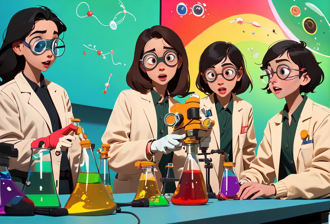 A group of enthusiastic young scientists wearing lab coats and safety goggles, surrounded by colorful experiment equipment, showcasing their curiosity and passion for science..