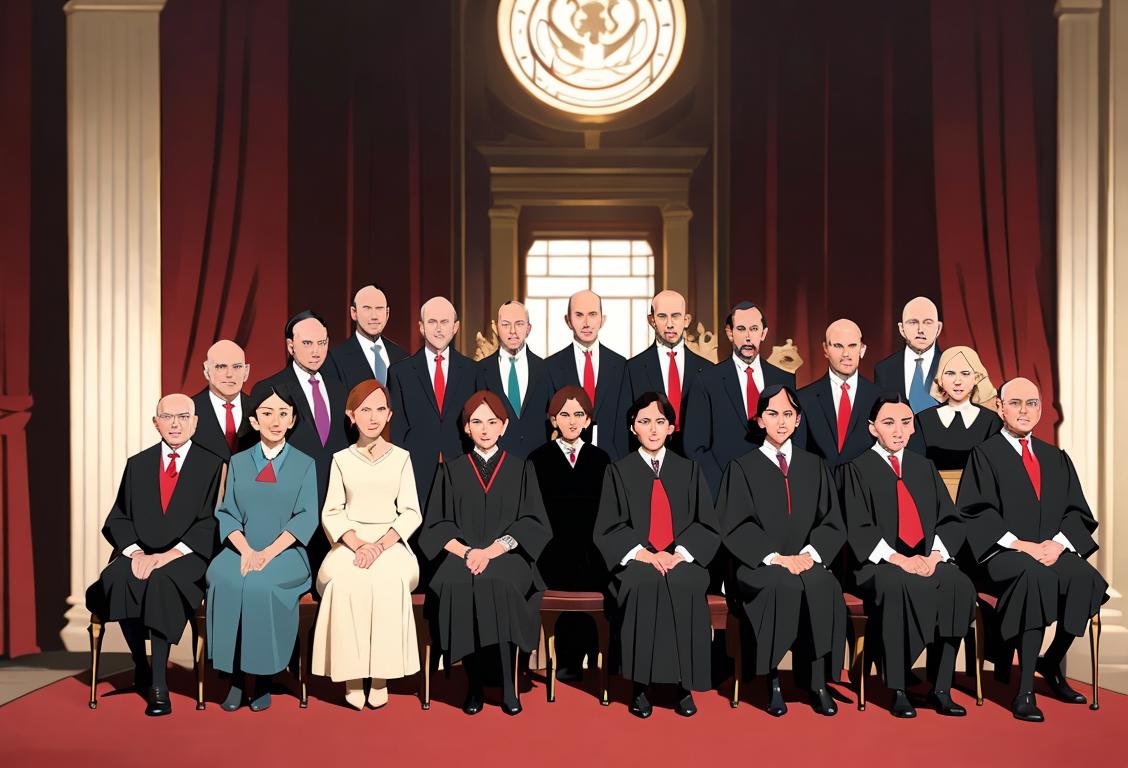 A diverse group of people, dressed in formal attire representing various professions, against the backdrop of the Supreme Court..